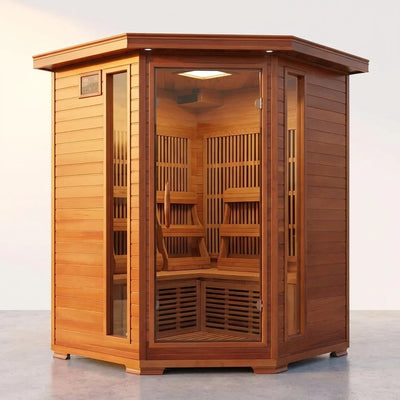 Hudson Bay 3-Person Corner Infrared Sauna, Canadian Red Cedar, 7 Low-EMF Carbon Heaters