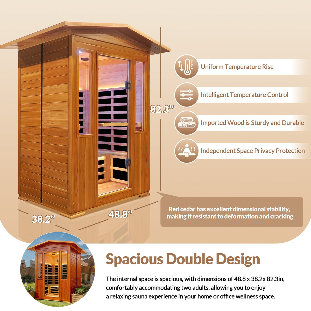 Outdoor Red Cedar 1-Person Infrared Sauna with Bluetooth, Ambient Lighting and Foot Heater