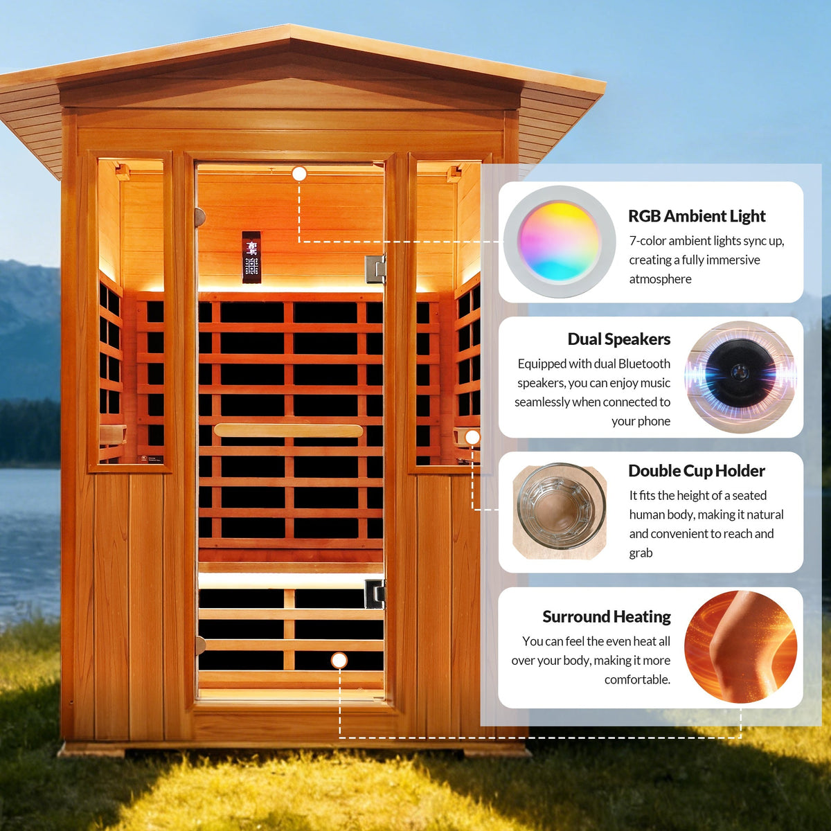 Outdoor Red Cedar 1-Person Infrared Sauna with Bluetooth, Ambient Lighting and Foot Heater