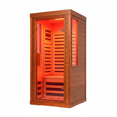 1-Person Infrared Sauna, Solid Canadian Hemlock, 7 Carbon-Fiber Panels, 660nm and 850nm Light