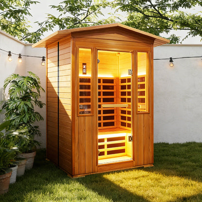 Outdoor Red Cedar 1-Person Infrared Sauna with Bluetooth, Ambient Lighting and Foot Heater