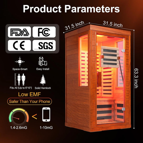 1-Person Infrared Sauna, Solid Canadian Hemlock, 7 Carbon-Fiber Panels, 660nm and 850nm Light