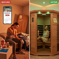 Infrared Sauna Built for Home Wellness, 7 Carbon Heaters, Canadian Cedar Wood, 3 Person Corner Design — Before & After