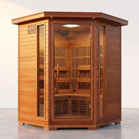 Infrared Sauna Built for Home Wellness, 7 Carbon Heaters, Canadian Cedar Wood, 3 Person Corner Design — Studio Shot