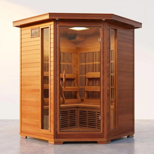 Infrared Sauna Built for Home Wellness, 7 Carbon Heaters, Canadian Cedar Wood, 3 Person Corner Design — Studio Shot