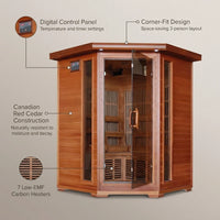 Infrared Sauna Built for Home Wellness, 7 Carbon Heaters, Canadian Cedar Wood, 3 Person Corner Design — infographic