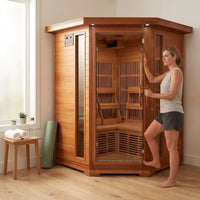 Infrared Sauna Built for Home Wellness, 7 Carbon Heaters, Canadian Cedar Wood, 3 Person Corner Design — Lifestyle