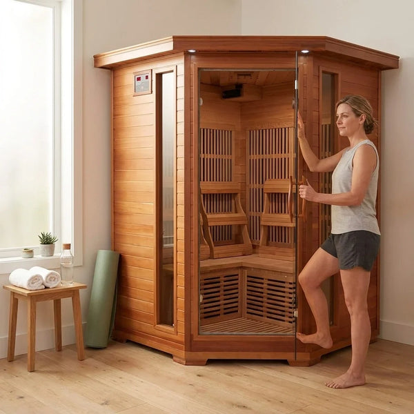 Hudson Bay 3-Person Corner Infrared Sauna, Canadian Red Cedar, 7 Low-EMF Carbon Heaters